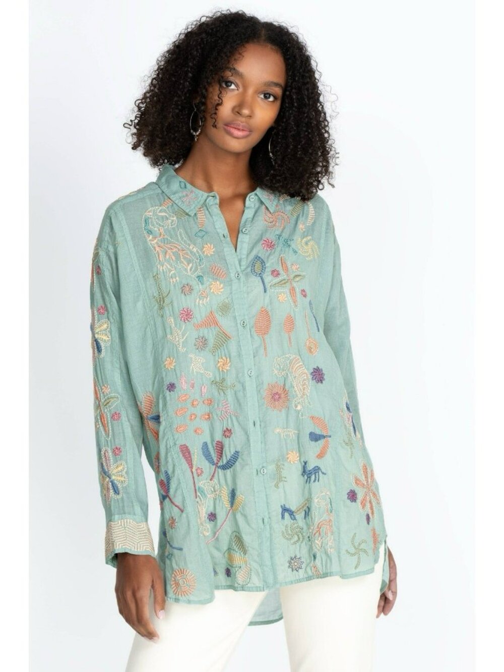 $205 Johnny Was Biya Cosimia Boho Chic Floral Jungle Button Down Mint Top XL